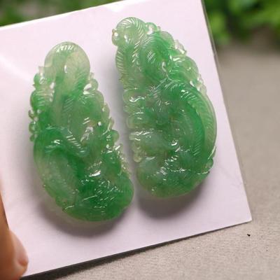 特价#7617一对冰种飘绿天然A货翡翠古风镂空凤凰鸟吊坠胸针花片