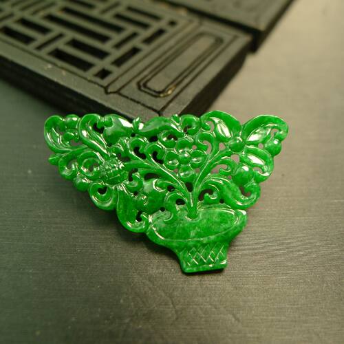 翡翠镂空雕花花篮胸针吊坠花片