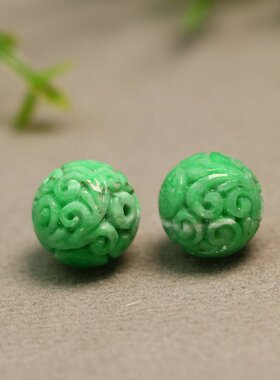 #D001 一对15.4MM阳绿天然A货翡翠团寿龙纹雕花圆珠子 佛珠腰珠