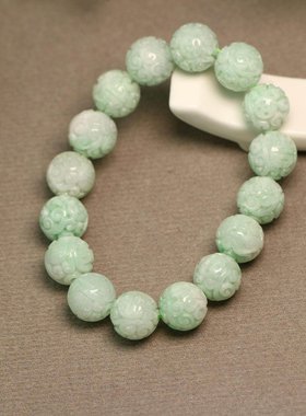 特价#E476白底浅绿色天然A货翡翠雕花珠子手串 古钱币龙纹圆珠手