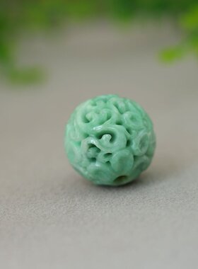 #B935满绿天然A货翡翠镂空雕花大圆珠子 佛珠顶珠