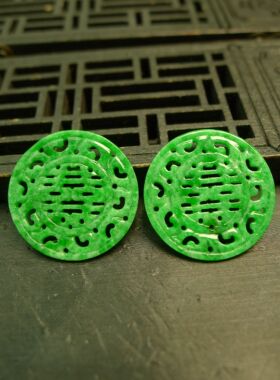 #J932一对满绿缅甸天然翡翠缕空圆形喜字耳坠吊坠圆片裸石