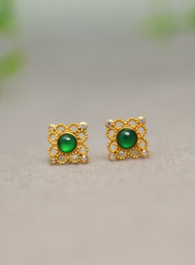 #I357 18K金镶嵌冰种满绿天然A货翡翠四叶草形蛋面耳钉耳饰