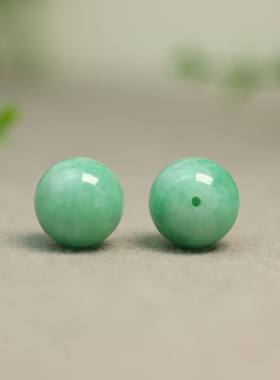 #K377一对冰糯种阳绿缅甸天然A货翡翠素面珠子 14MM圆珠佛珠顶珠