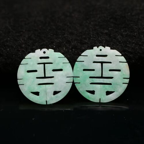 #7063 一对糯底白底飘阳绿天然A货翡翠镂空雕圆形喜字