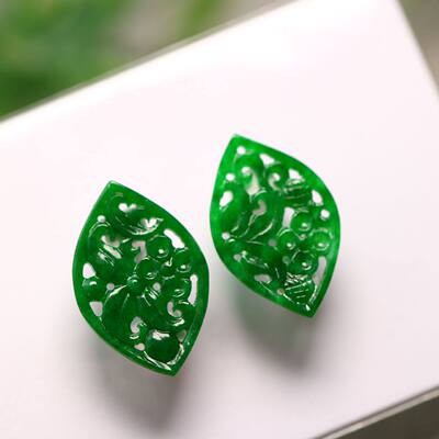 翡翠镂空双尖马眼形耳坠花片