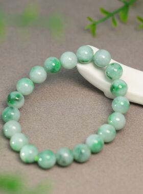 #K403糯白底底飘绿花缅甸天然A货翡翠素面圆珠子手串手链