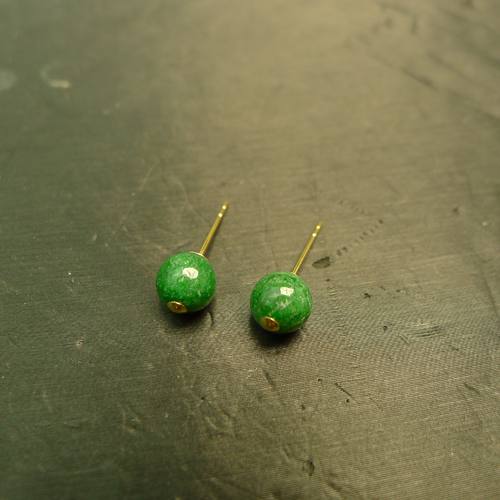 #K456 18K金镶嵌满色辣绿缅甸天然A货翡翠素面圆形珠子耳钉耳饰