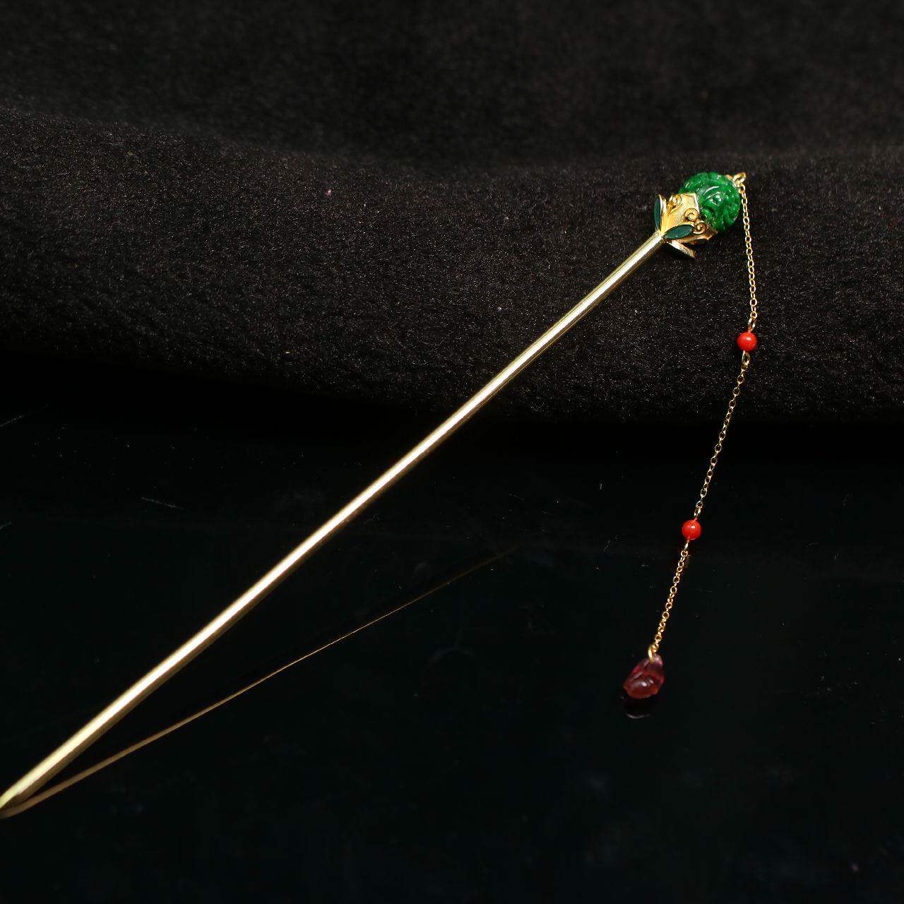 #6170银鎏金搭配碧玺镶嵌满绿天然A货翡翠复古团寿龙纹圆珠簪子