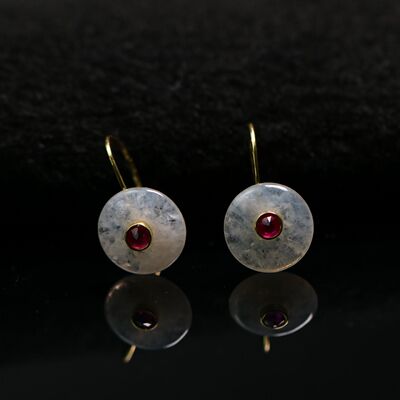 特价#2272一对S925银搭配红宝镶嵌白冰天然A货翡翠平安扣耳钩款耳