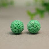 I943一对满绿缅甸天然A货翡翠团寿雕花珠子 圆珠佛珠顶珠念珠