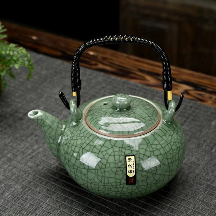 陶瓷泡茶壶大号哥窑提梁壶仿古单壶600毫升茶水壶釉裂茶具餐馆用