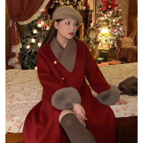 大码毛呢羽绒服女红色圣诞大衣