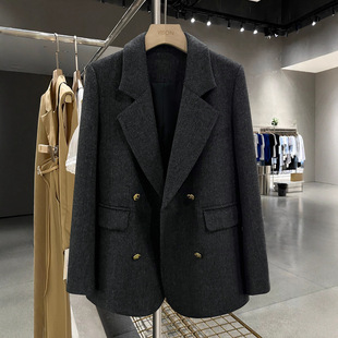 抗起球斜纹呢子大衣毛呢外套女显瘦职业装 胖mm200斤大码 秋冬西装