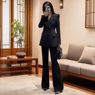 胖mm大码女装职场面试通勤西装微喇裤黑色收腰长袖西装外套200斤