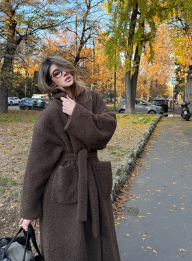 PrettyDragon浴袍感柔软夹棉厚实羊羔绒外套泡泡毛大衣中长款外套