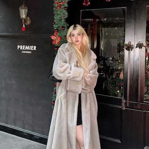 PrettyDragon冬季斯拉夫环保皮草长款貂绒大衣女宽松毛毛廓形外套