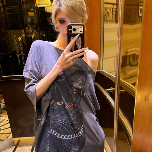PrettyDragon美式复古系带收腰猫咪斜肩宽松短袖T恤女上衣中长款