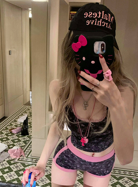 PrettyDragon印花kitty蕾丝背心吊带短裤夏辣妹套装女运动两件套
