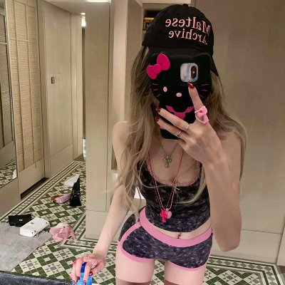 kitty辣辣印花扎染蕾丝背心套装