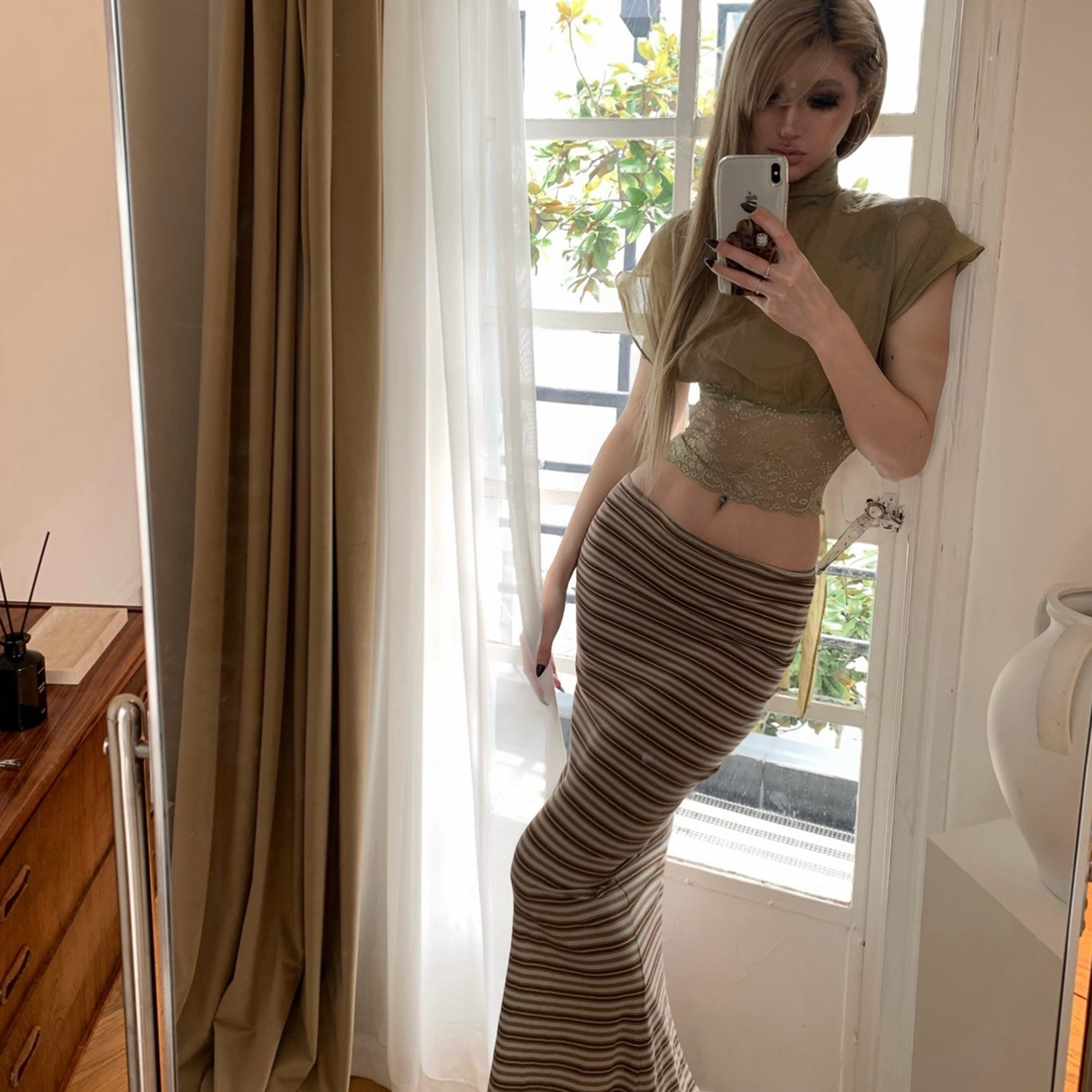 PrettyDragon老钱复古条纹高开衩裹身显瘦半身裙高弹抹胸长裙女夏