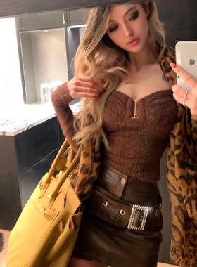 PrettyDragon金属镂空方领毛毛软糯毛衣针织衫女冬收腰短上衣打底