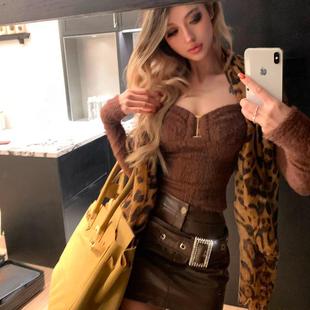 PrettyDragon金属镂空方领毛毛软糯毛衣针织衫女冬收腰短上衣打底