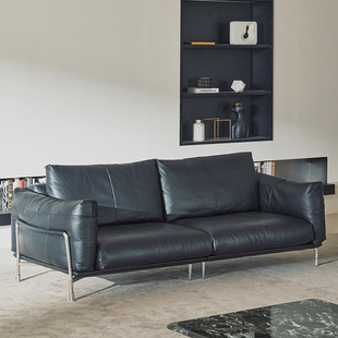 如恩 哈默沙发黑色中古风全真皮包豪斯复古三人位直排皮沙发CB288