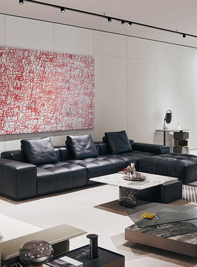 如恩 像素沙发意式极简风格模块组合真皮拉点沙发黑色大组合 A-87