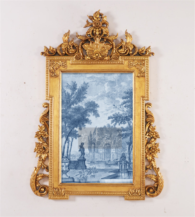 107*153装饰油画蓝色青花瓷风法式中国风山水风景画玄关画壁炉画图片