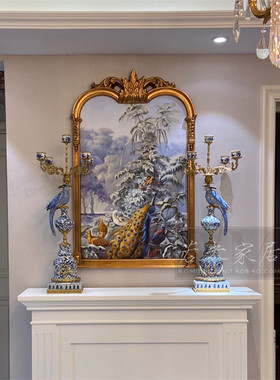 106x69法式中国风蓝灰色花鸟孔雀风景手绘油画欧式壁炉玄关装饰画