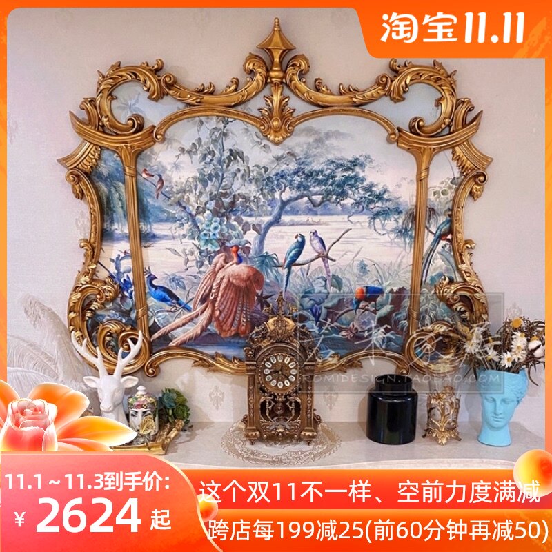 128x99欧式优雅法式蓝色调花鸟风景纯手绘油画玄关画沙发横壁炉画
