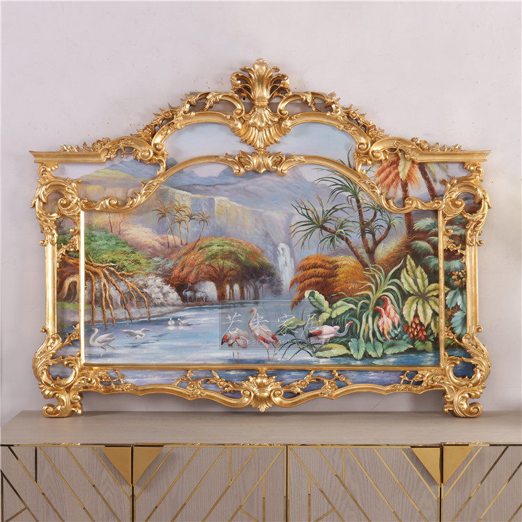 140x109横法式美式欧金色别墅餐客厅纯手绘壁画油画热带花鸟绿