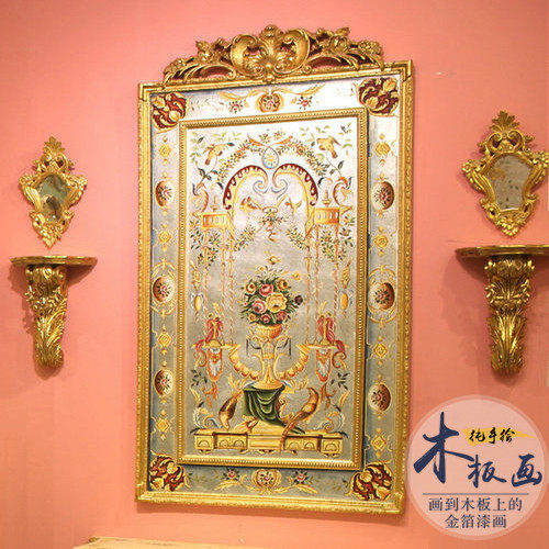 外贸纯手绘木板画壁炉画挂画装饰画法式美式欧式奢华壁画金色别墅