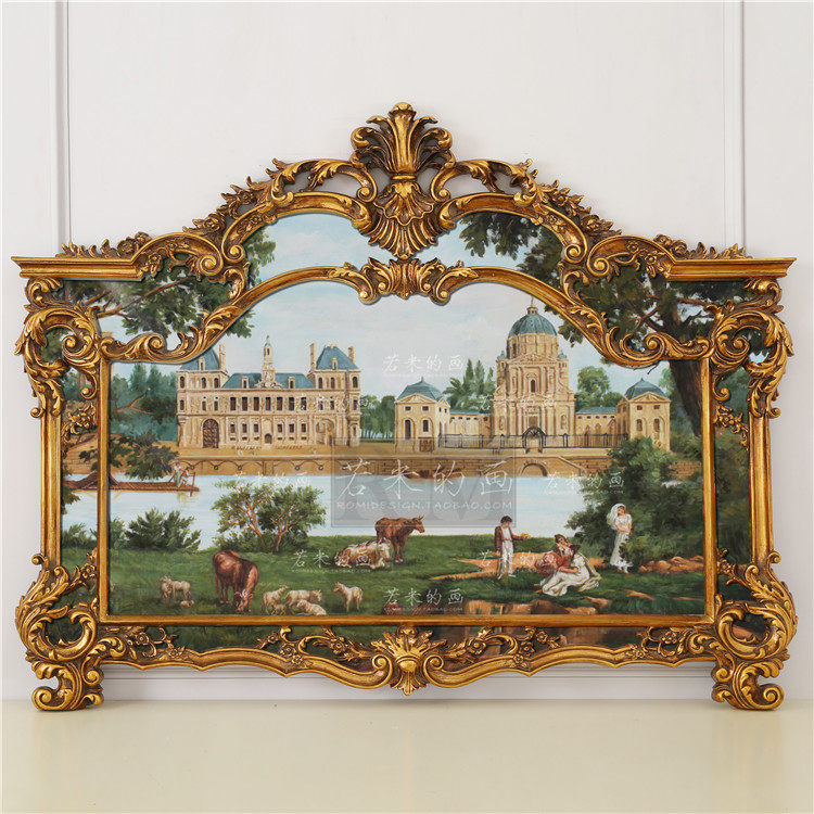 140x109横法式美式欧金色别墅餐客厅纯手绘壁画油画建筑河流人物