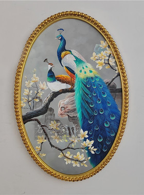 纯手绘玄关画轻法式卧室孔雀画