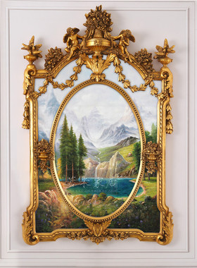 85x135法式纯手绘油画壁炉画服装店风景海景地中海天鹅绿色玄关画