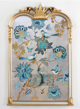106X69新品竖版法式玄关油画门厅纯手工走廊银色蓝色花鸟画装饰画