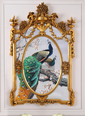 85x135美法式异形天使画框工笔蓝色小鸟米色壁炉手油画玄关中国风