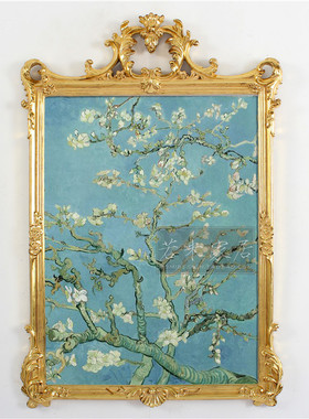 73x106亮金淡蓝色湖蓝色梵高杏花卉玄关画纯手绘壁炉油画轻法式