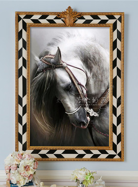 117x81法美式黑白格金壁炉画装饰画骏马灰色马头客厅书房手绘油画