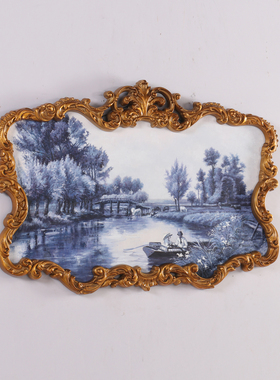 97x67横版壁炉挂画客厅沙发纯手绘油画蓝色调风景青花瓷色系法式