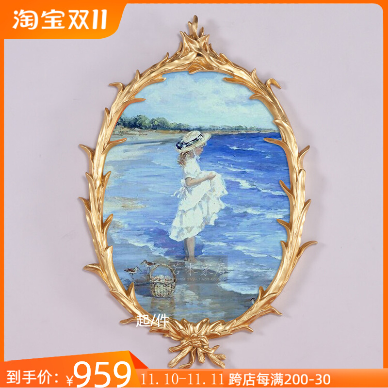 新款79椭圆形纯手绘人物小油画小女孩海边蓝色紫色儿童房挂画走廊 家居饰品 油画 原图主图