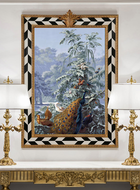 ZZ117x81法式欧美金箔壁炉装饰手绘油画蓝色调孔雀玄关挂画花鸟风