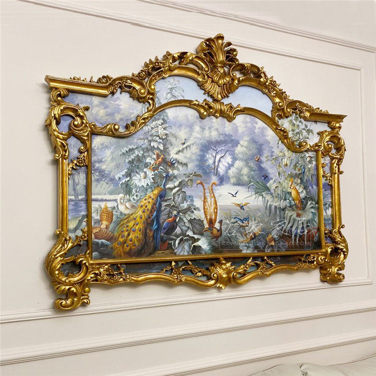 H140高档轻法式蓝色花鸟孔雀横版客厅沙发油画纯手绘卧室壁炉画