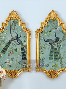 99竖版双联客厅沙发背景墙纯手绘孔雀花鸟油画绿色玄关卧室床头画
