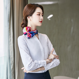 新款销售百搭空姐白衬衫女V领长袖工作服修身空乘面试装制服衬衣