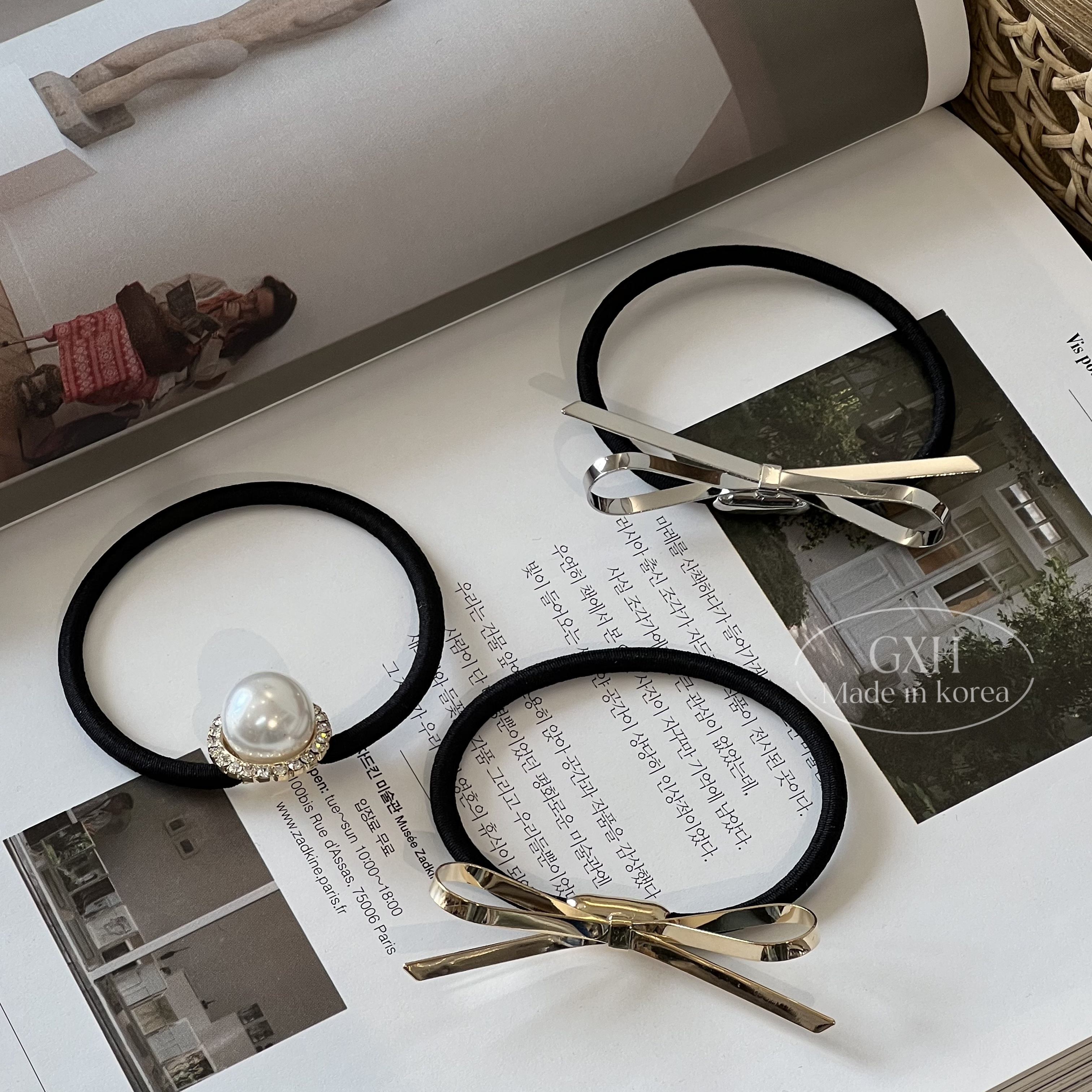 韩国东大门法式复古女金属蝴蝶结大珍珠发圈博主小香风高马尾头绳