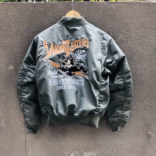 闪电菲力猫ma1飞行夹克美式 棒球领男女情侣 复古双面穿刺绣棉服