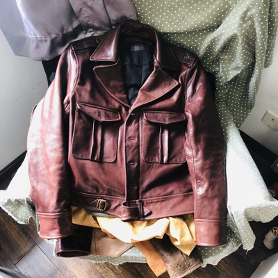 定制款P37飞行服夹克奎因皮衣男士春秋棕红牛皮短款真皮皮衣外套